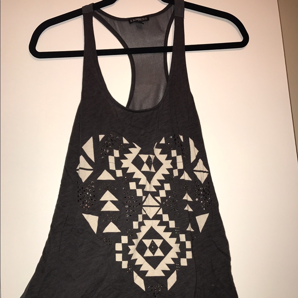 Tank grey & cream, tribal heart, rhinestones